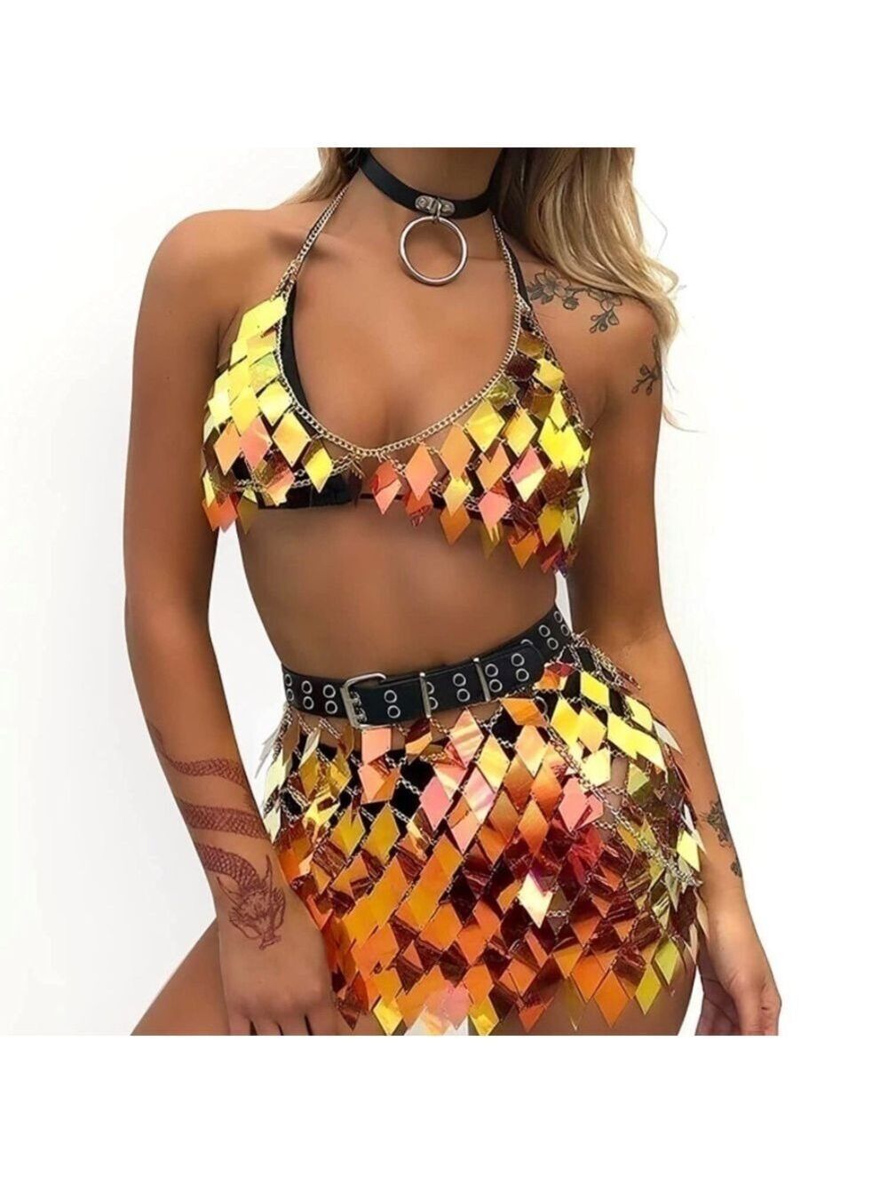 SEQUINS Tassels Body Chain Gold Bra Skirt Set Sexy Bikini Rave Festival Party